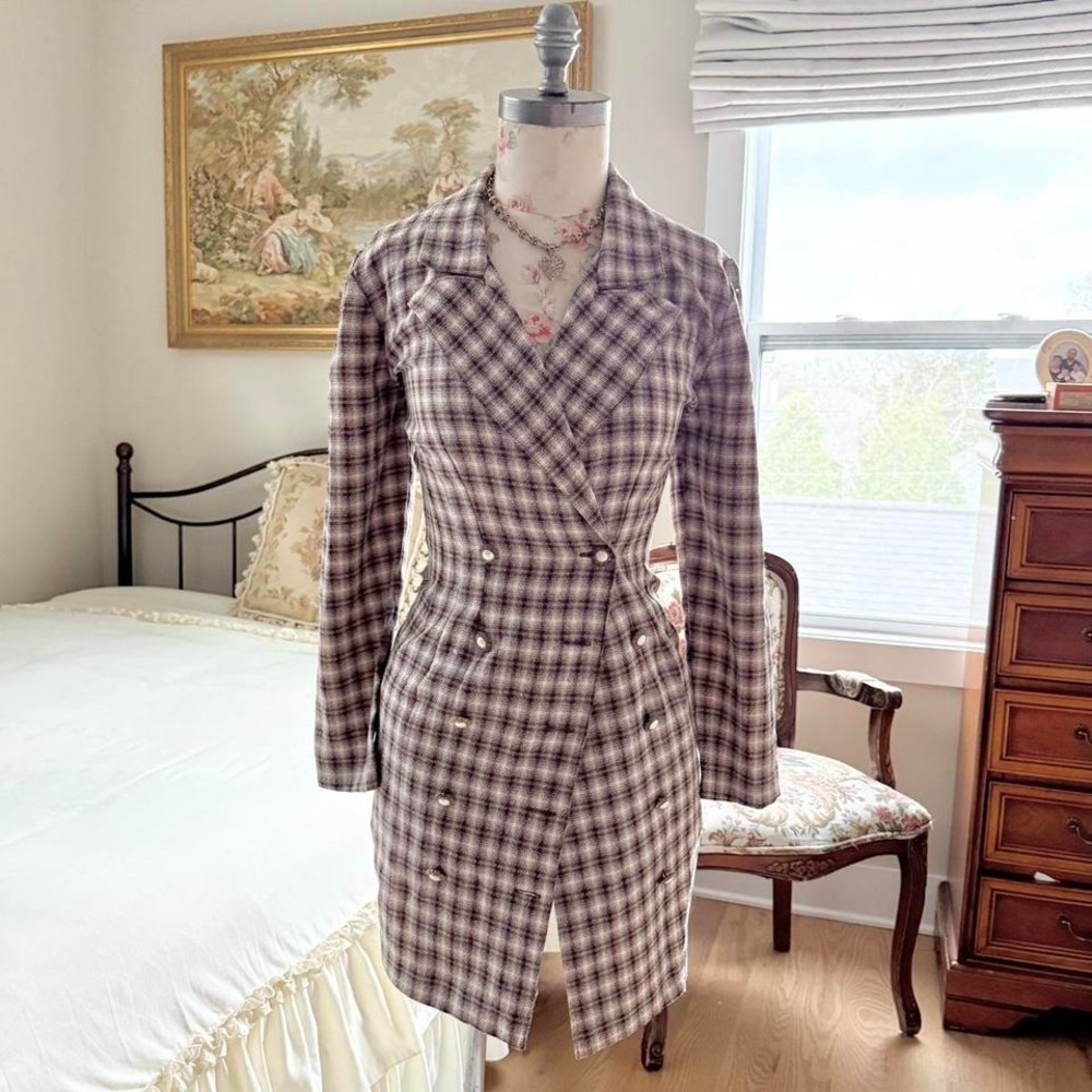 90s brown cream plaid dress coat‎